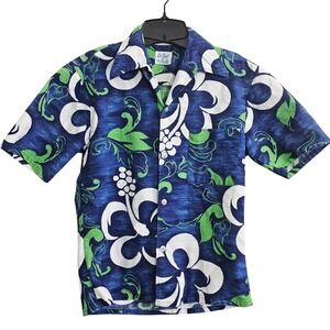 Cal‎ Surf International Kids Blue Green Hibiscus Floral Cotton Hawaiian Shirt